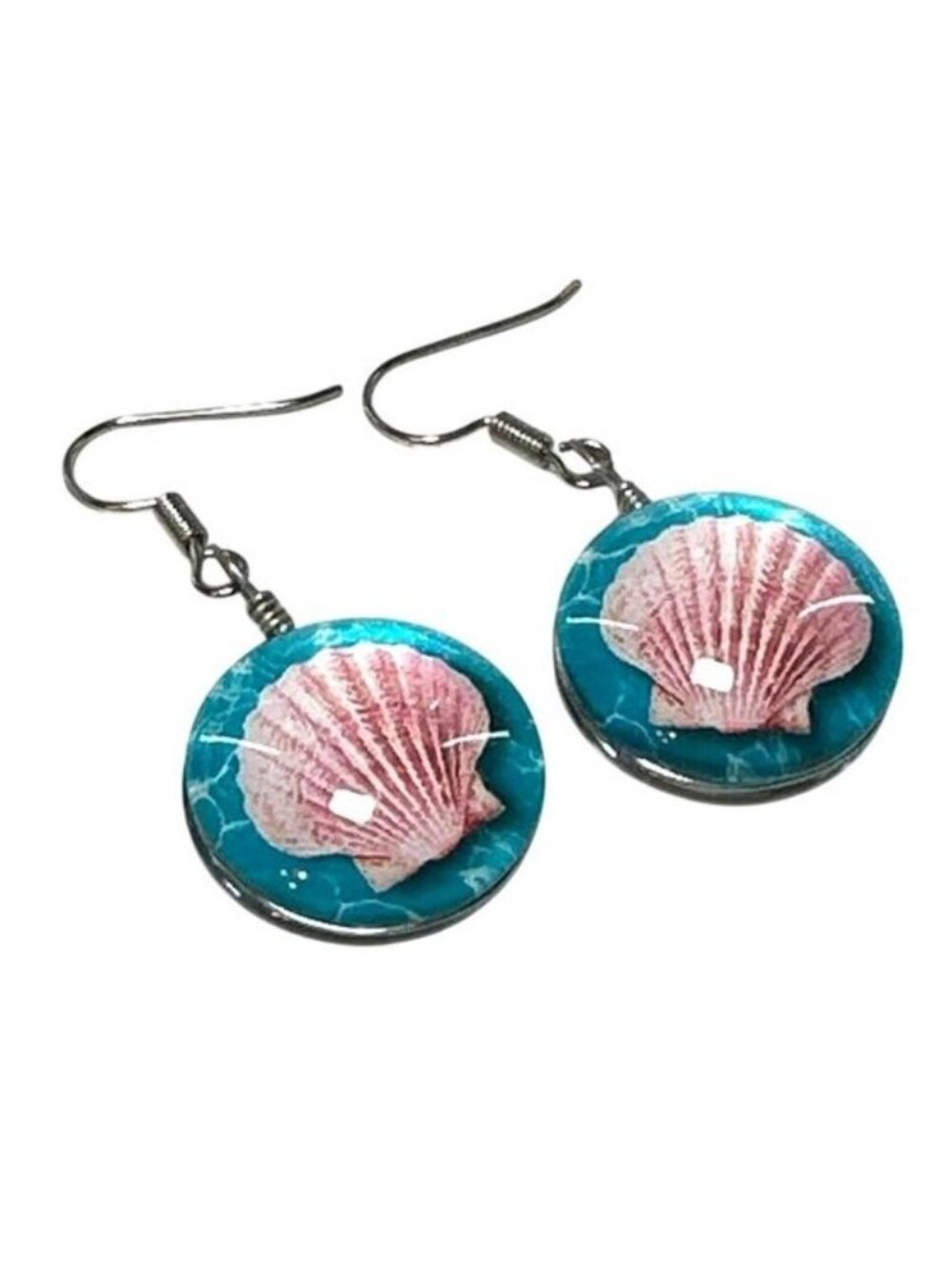Boho Seashell Dangle Earrings Silver Tone Blue Pink
